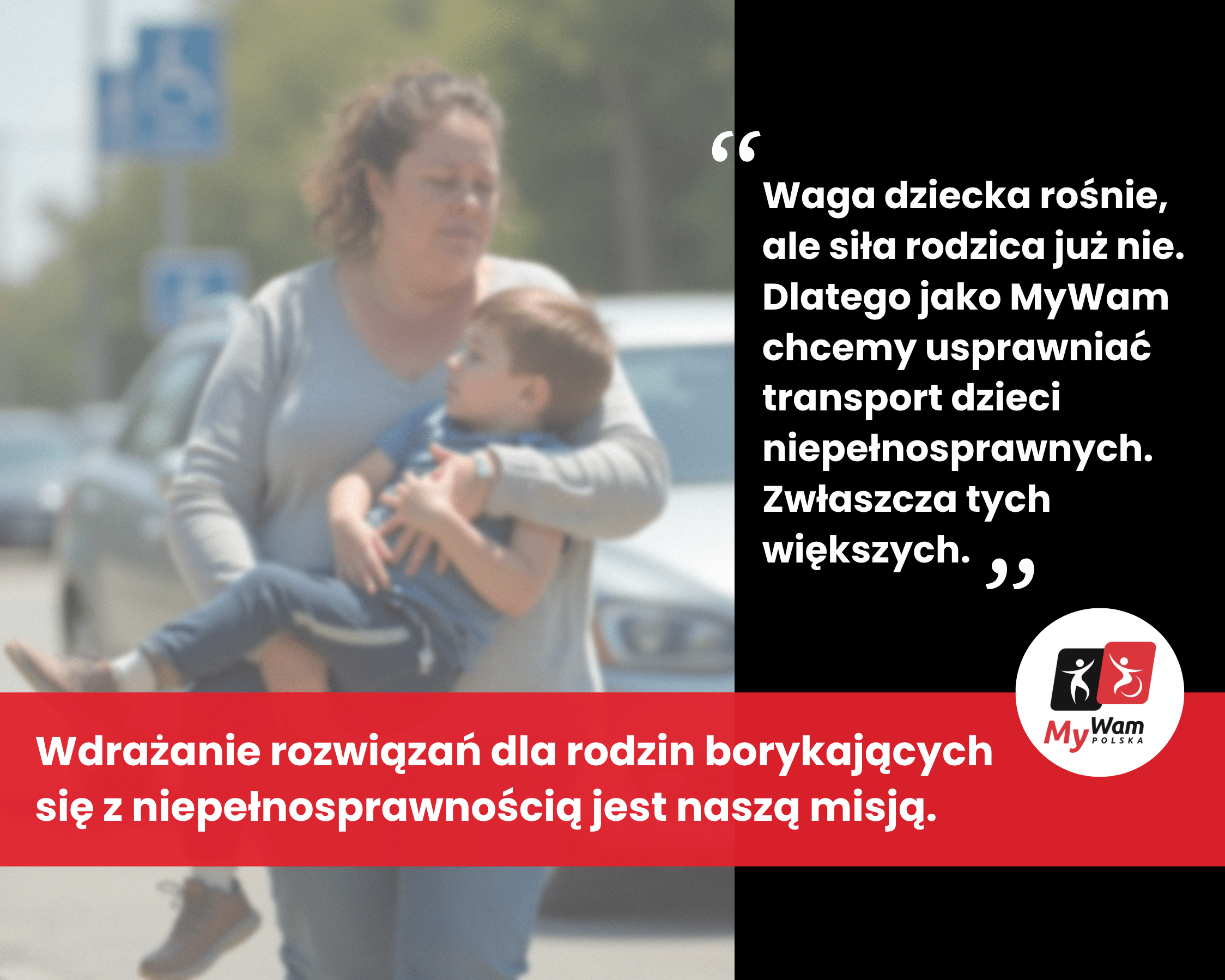 Samotna matka przenosi ciężkie dziecko niepełnosprawne z auta do wózka inwalidzkiego