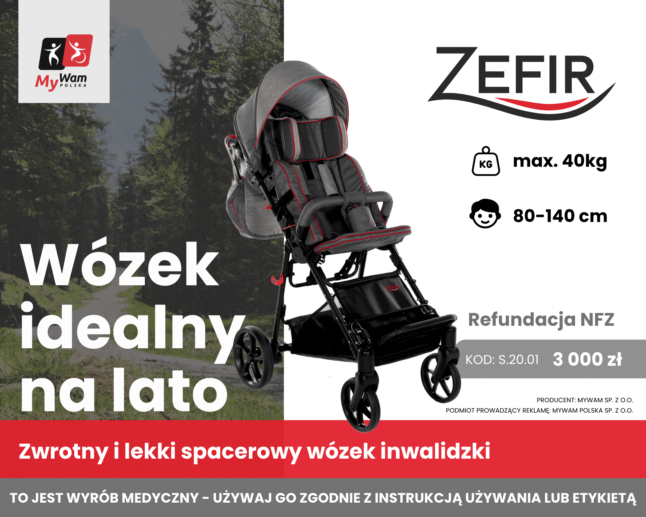 Lekki wózek inwalidzki spacerowy Zefir